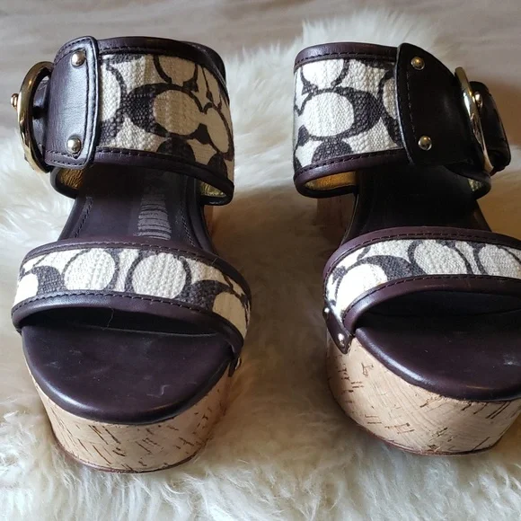 Coach Platform Wedge Open Toe Slide Sandals Brown Tan 6 - Picture 2 of 10